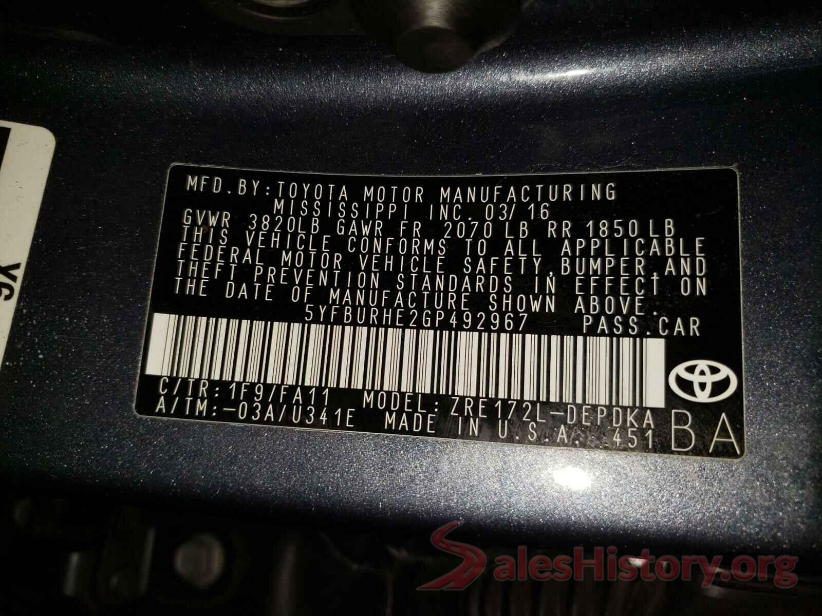 5YFBURHE2GP492967 2016 TOYOTA COROLLA