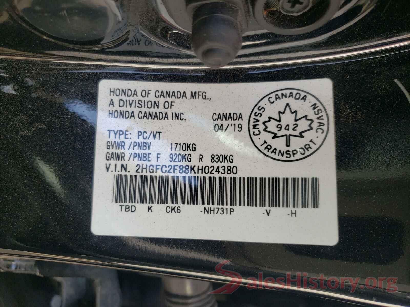 2HGFC2F88KH024380 2019 HONDA CIVIC