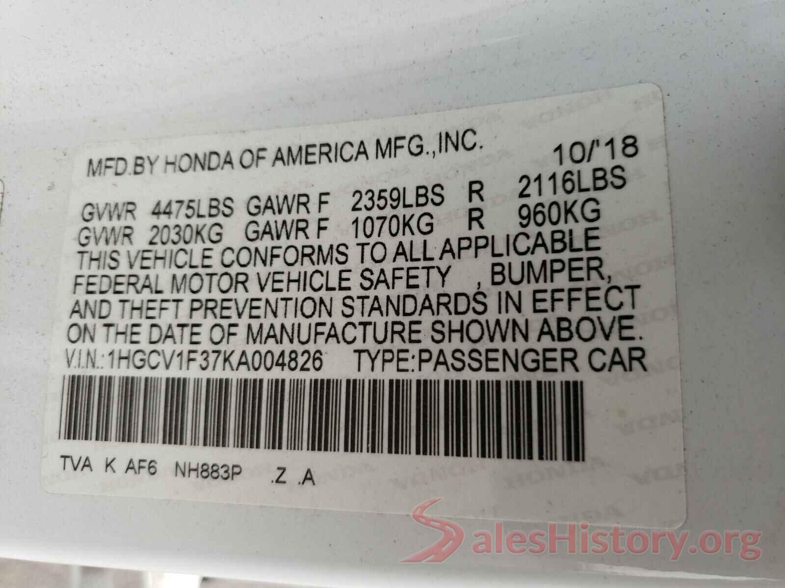 1HGCV1F37KA004826 2019 HONDA ACCORD