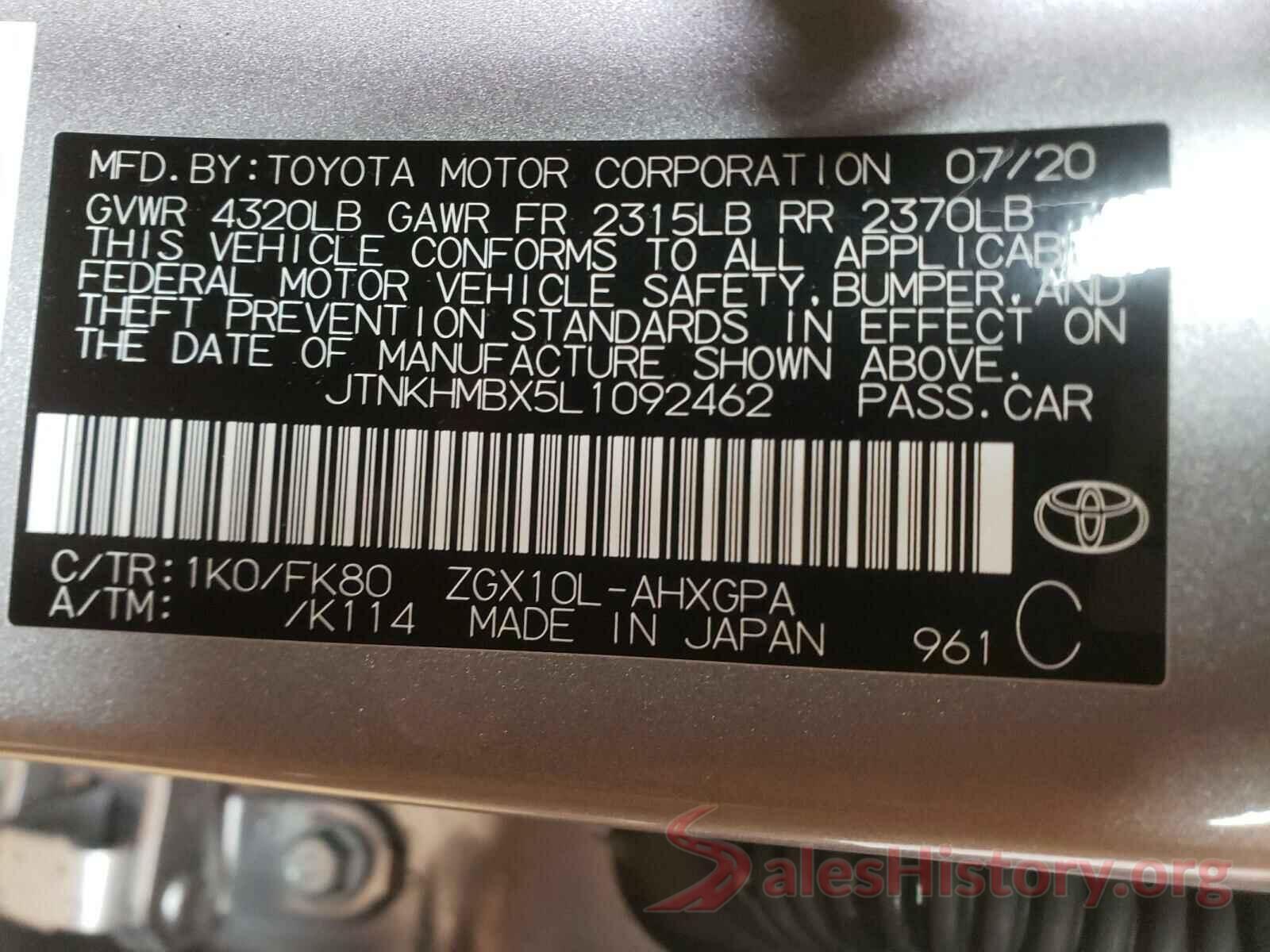 JTNKHMBX5L1092462 2020 TOYOTA C-HR