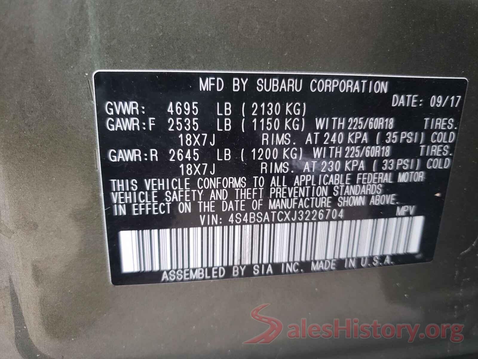 4S4BSATCXJ3226704 2018 SUBARU OUTBACK