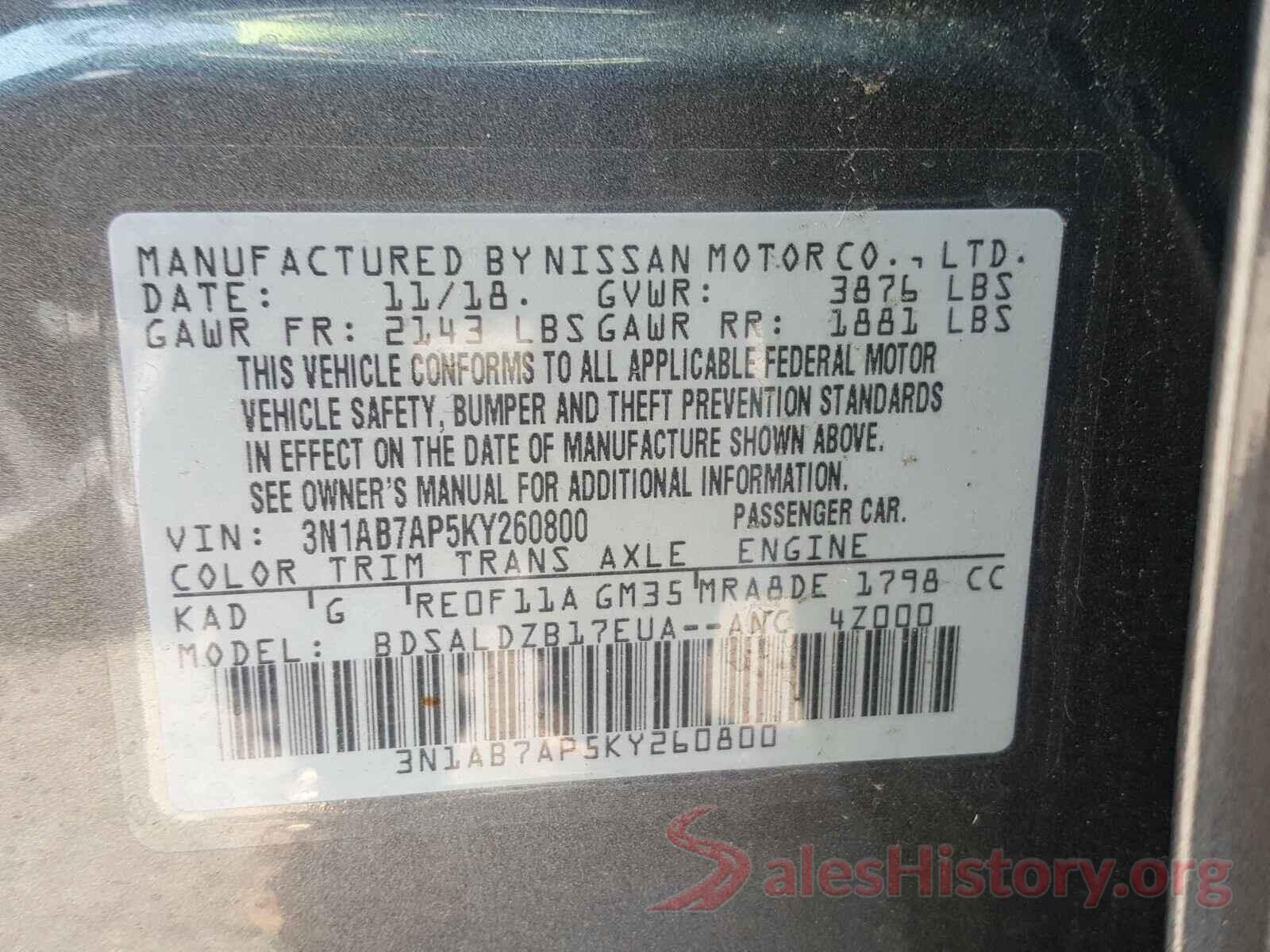 3N1AB7AP5KY260800 2019 NISSAN SENTRA