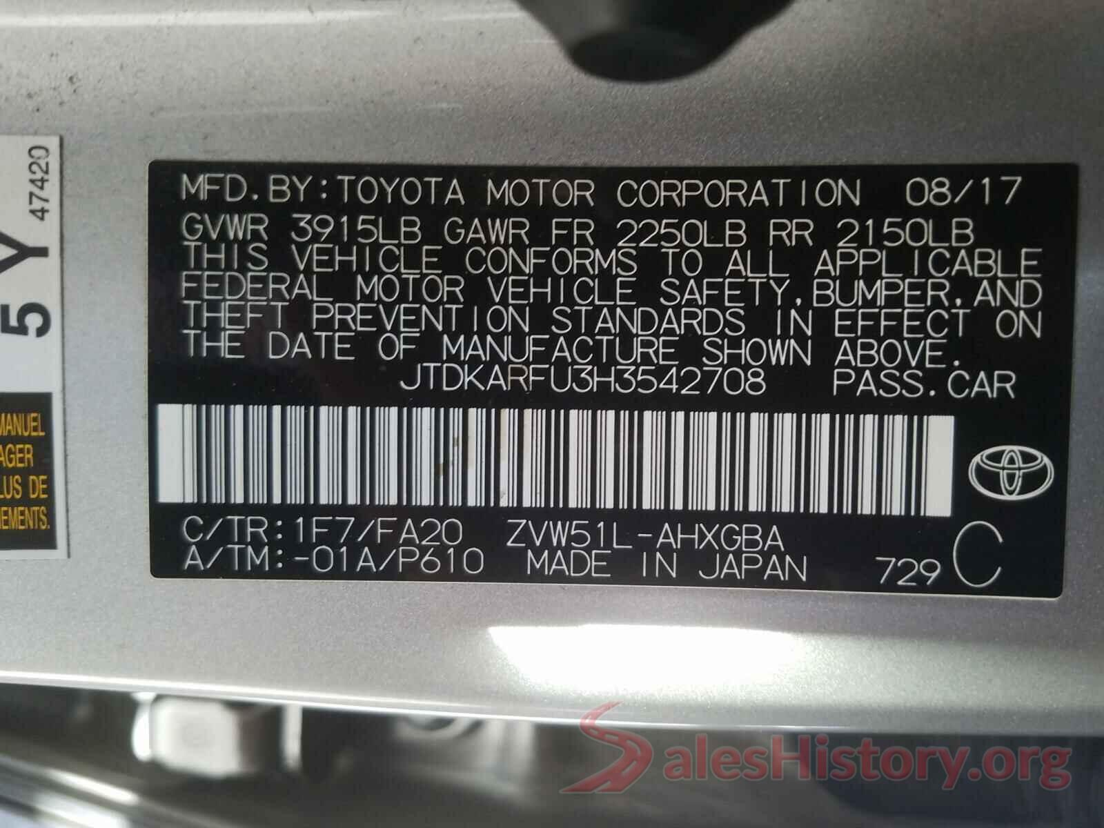 JTDKARFU3H3542708 2017 TOYOTA PRIUS