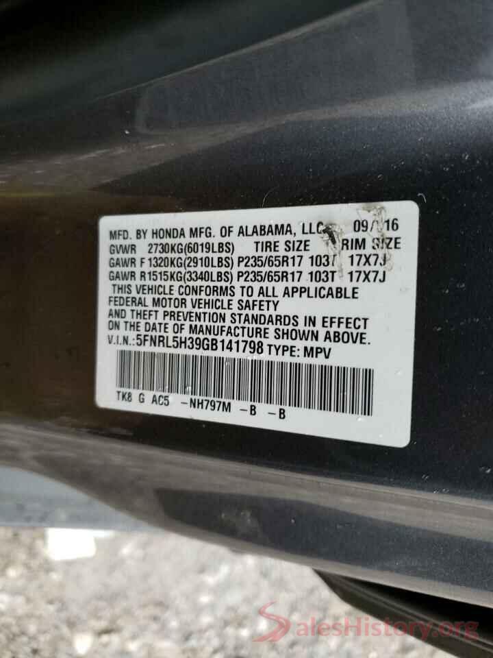 5FNRL5H39GB141798 2016 HONDA ODYSSEY