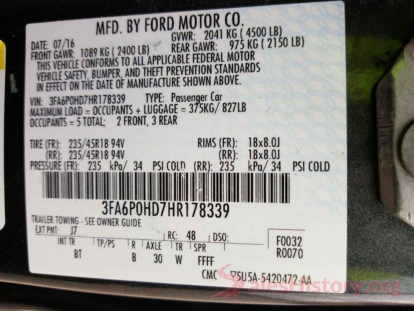 3FA6P0HD7HR178339 2017 FORD FUSION