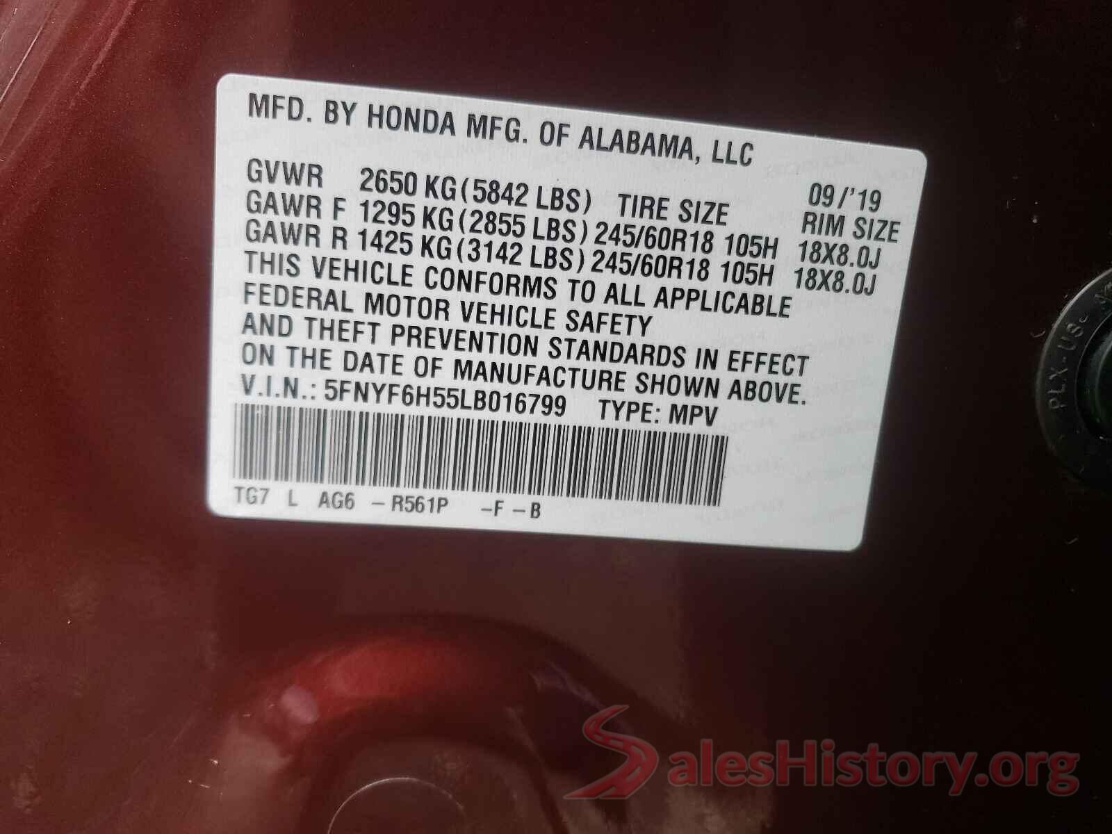 5FNYF6H55LB016799 2020 HONDA PILOT