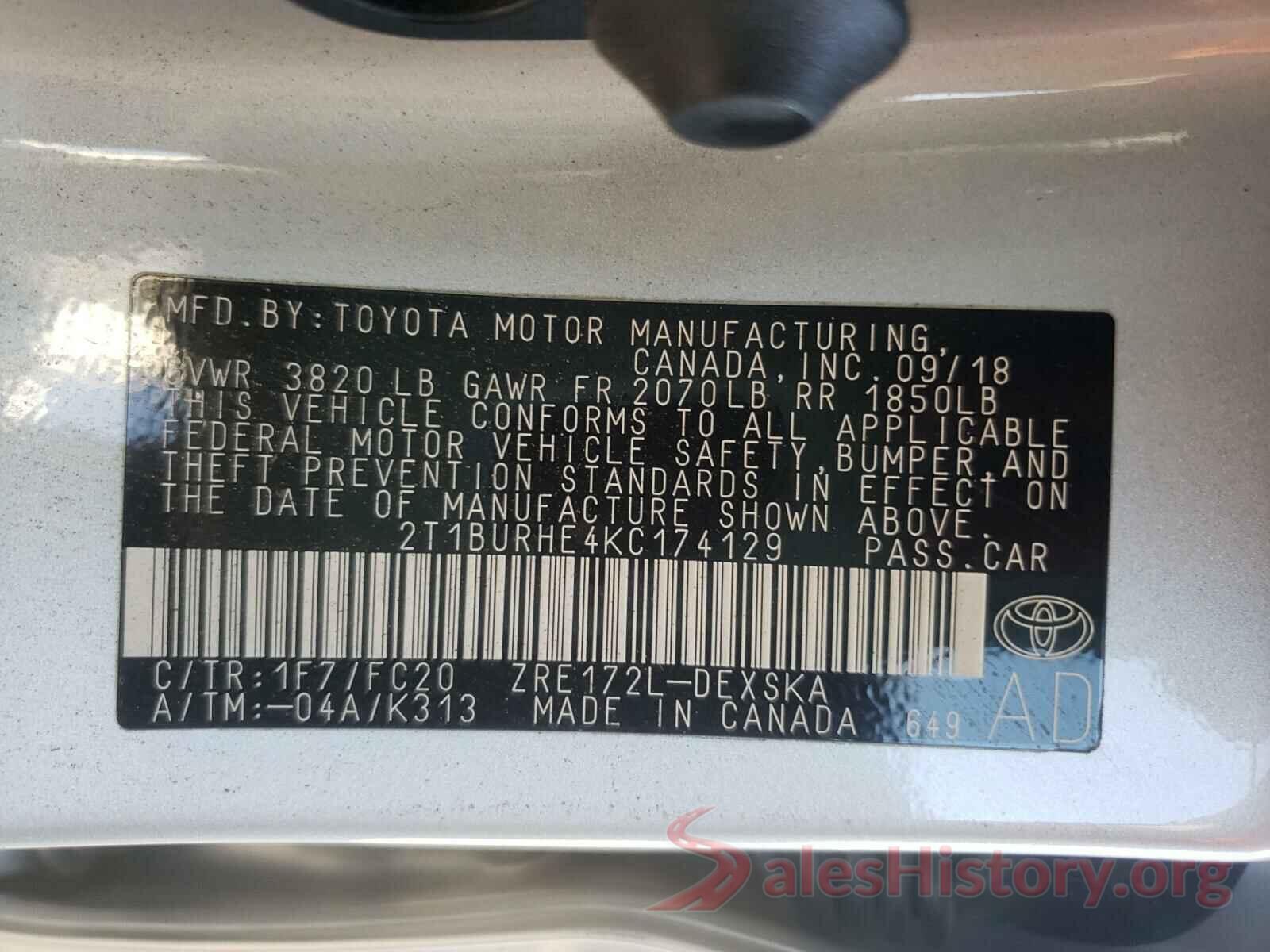 2T1BURHE4KC174129 2019 TOYOTA COROLLA