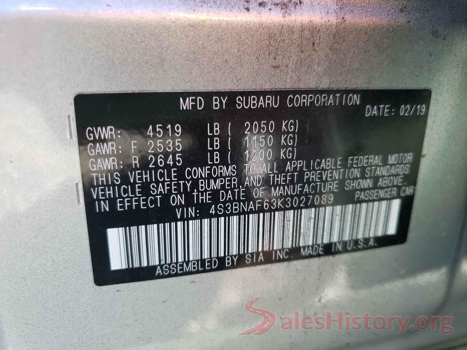 4S3BNAF63K3027089 2019 SUBARU LEGACY