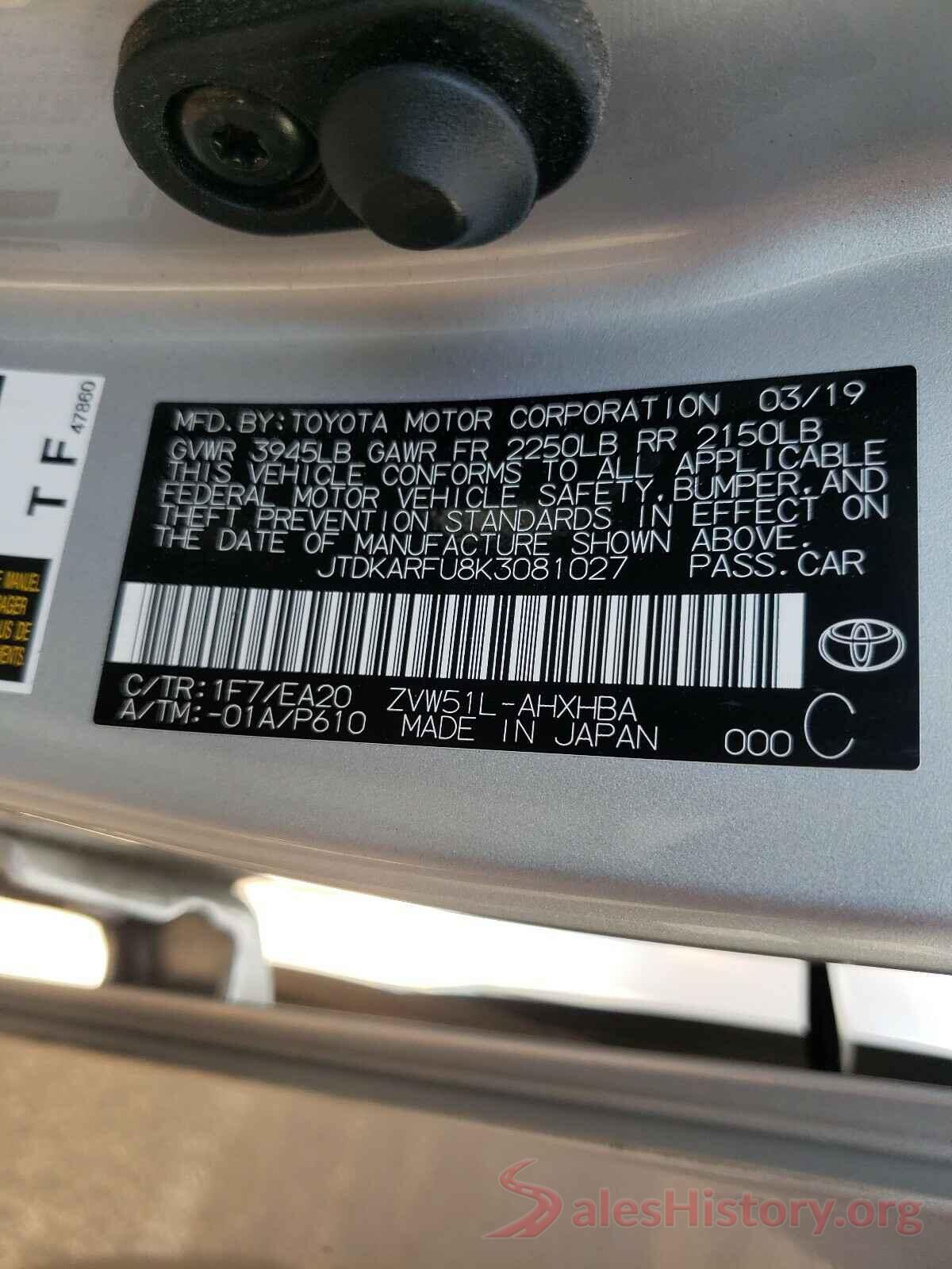 JTDKARFU8K3081027 2019 TOYOTA PRIUS