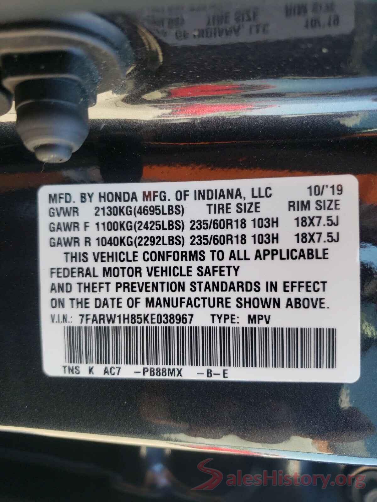 7FARW1H85KE038967 2019 HONDA CRV