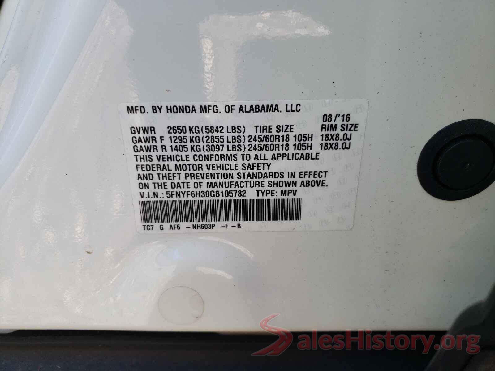 5FNYF6H30GB105782 2016 HONDA PILOT