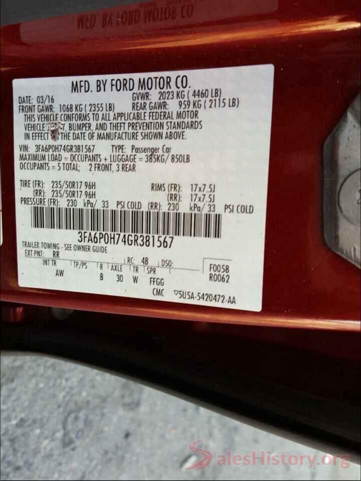 3FA6P0H74GR381567 2016 FORD FUSION