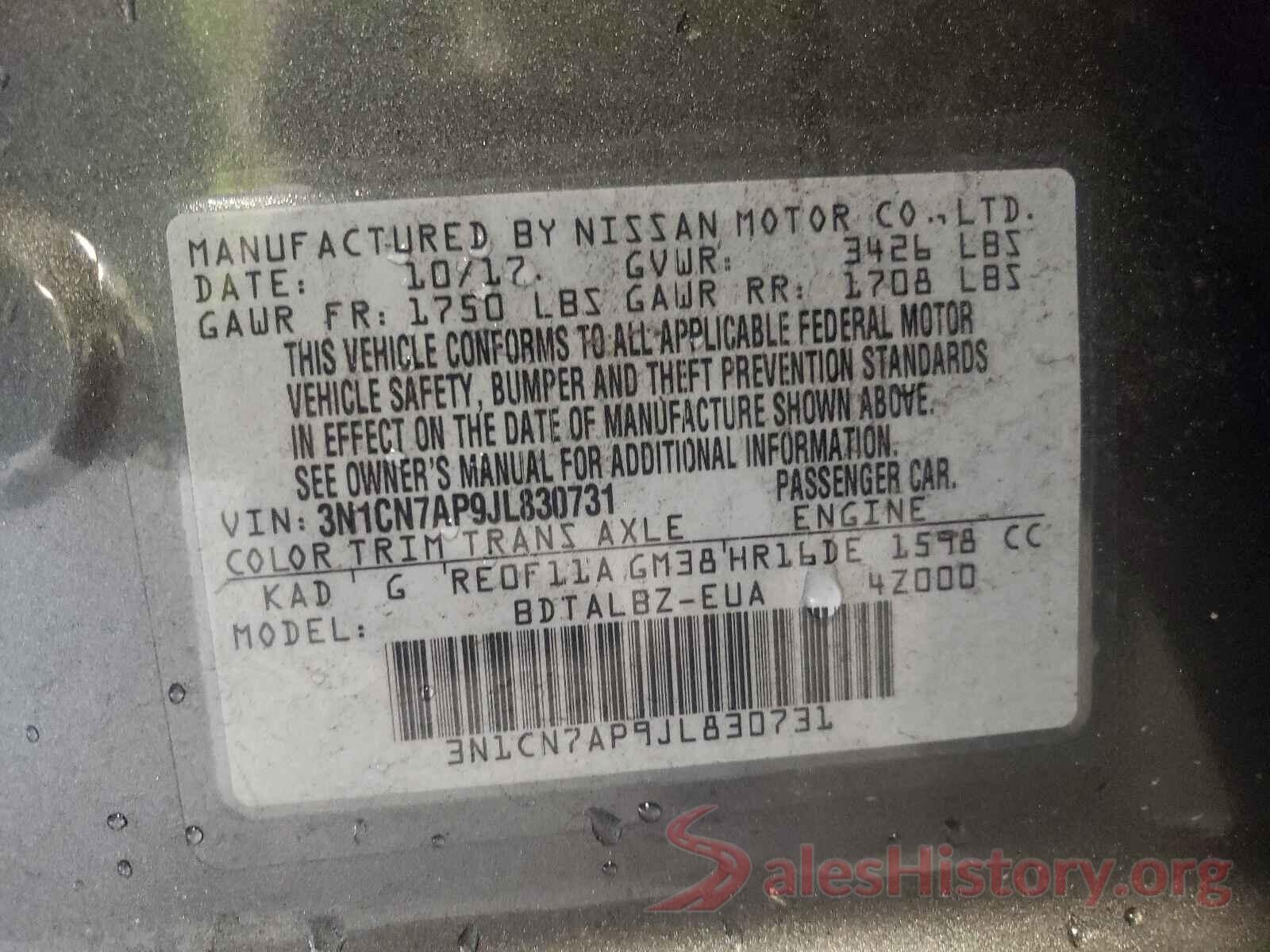 3N1CN7AP9JL830731 2018 NISSAN VERSA