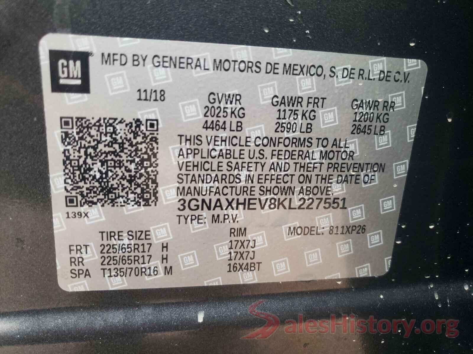 3GNAXHEV8KL227551 2019 CHEVROLET EQUINOX