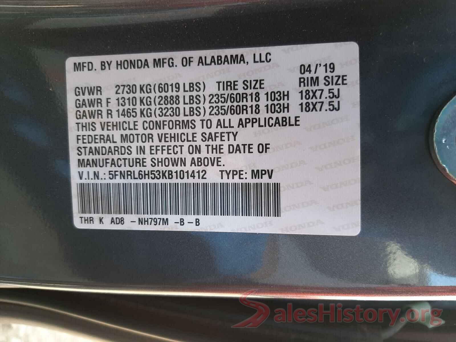 5FNRL6H53KB101412 2019 HONDA ODYSSEY