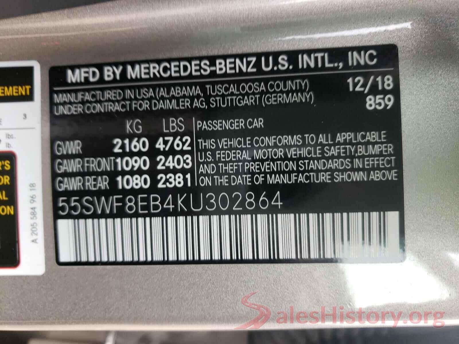 55SWF8EB4KU302864 2019 MERCEDES-BENZ C CLASS