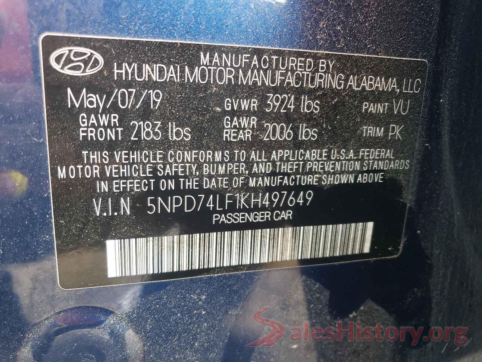 5NPD74LF1KH497649 2019 HYUNDAI ELANTRA