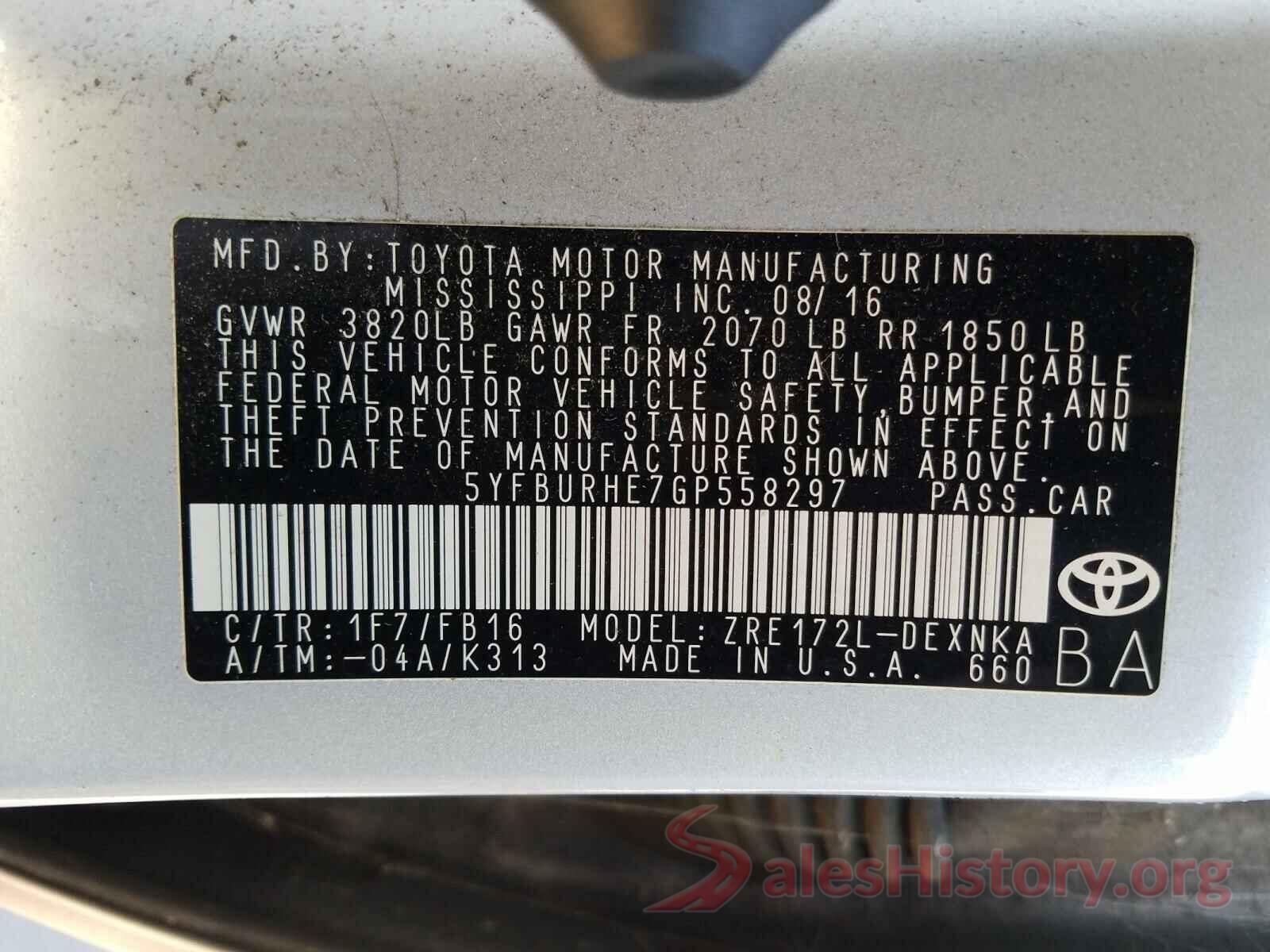 5YFBURHE7GP558297 2016 TOYOTA COROLLA