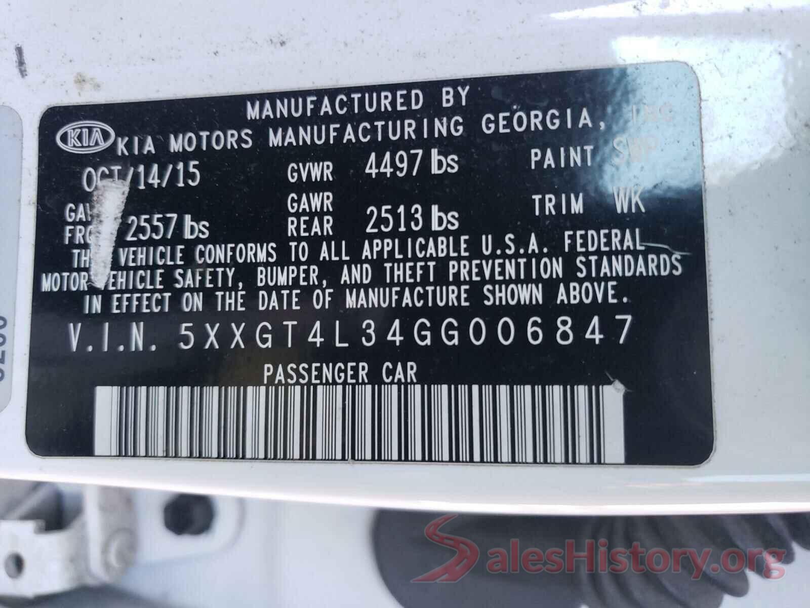 5XXGT4L34GG006847 2016 KIA OPTIMA