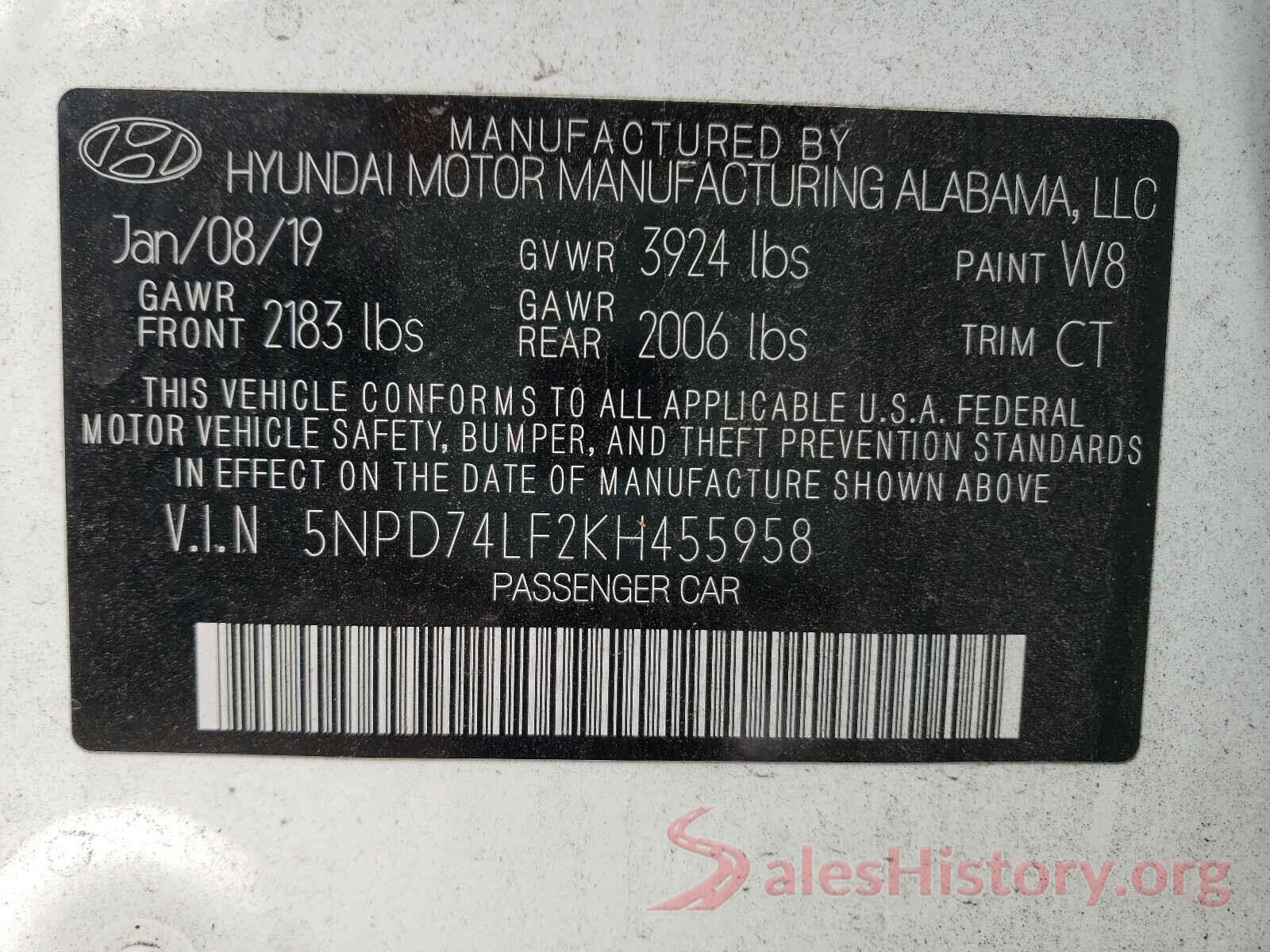 5NPD74LF2KH455958 2019 HYUNDAI ELANTRA