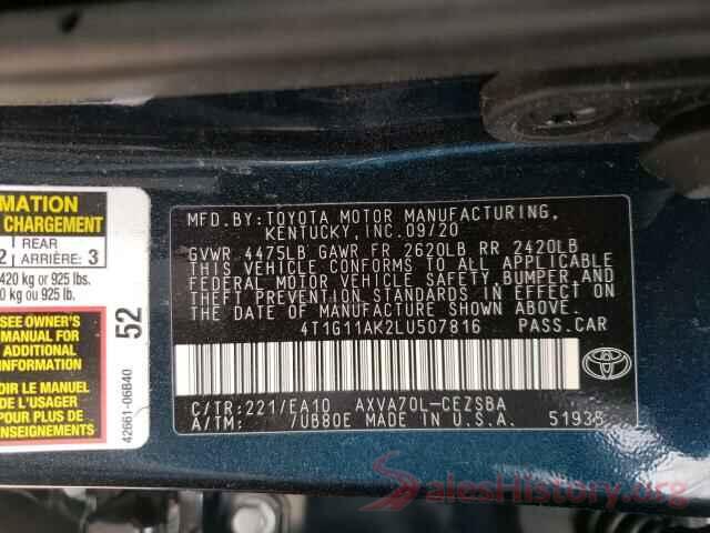 4T1G11AK2LU507816 2020 TOYOTA CAMRY