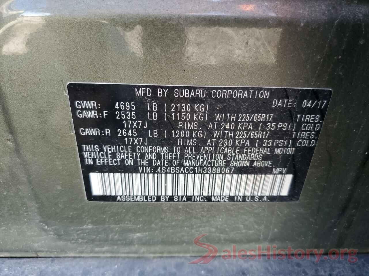 4S4BSACC1H3388067 2017 SUBARU OUTBACK