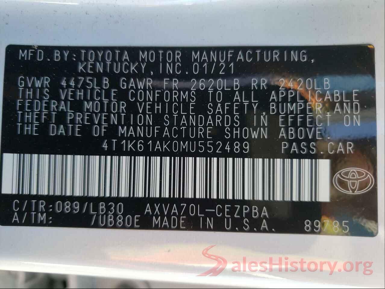 4T1K61AK0MU552489 2021 TOYOTA CAMRY