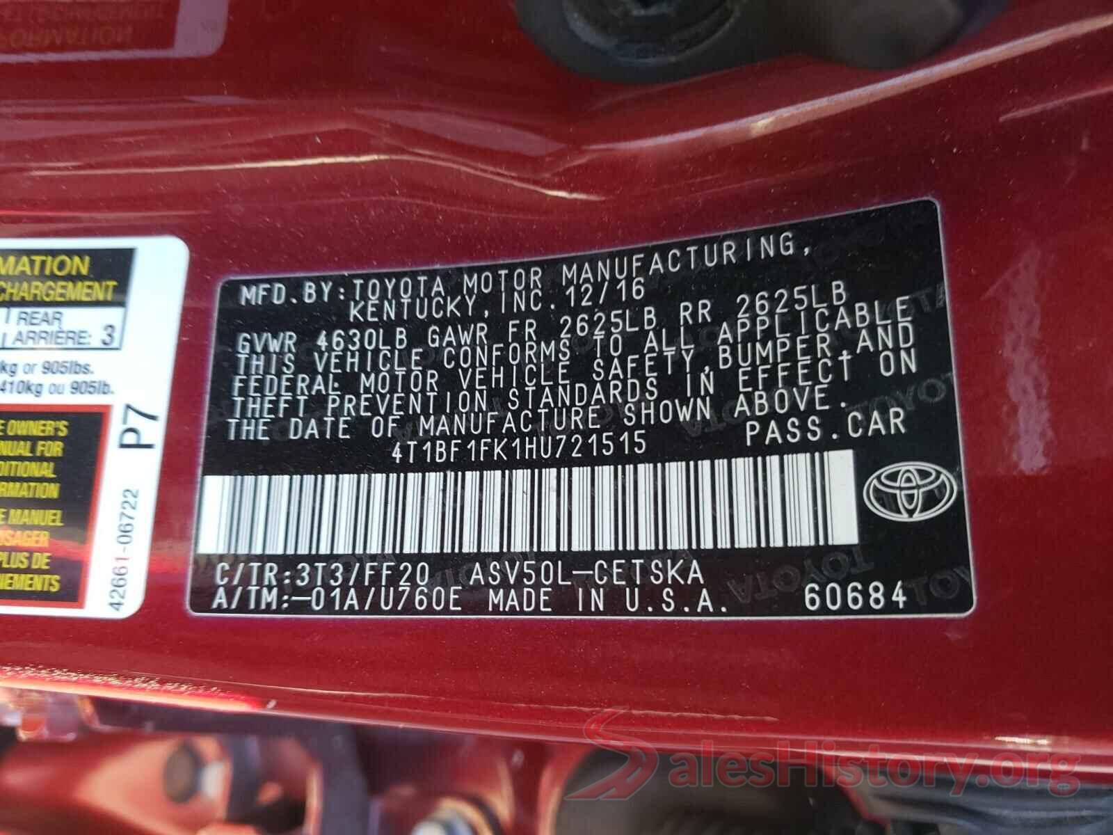 4T1BF1FK1HU721515 2017 TOYOTA CAMRY