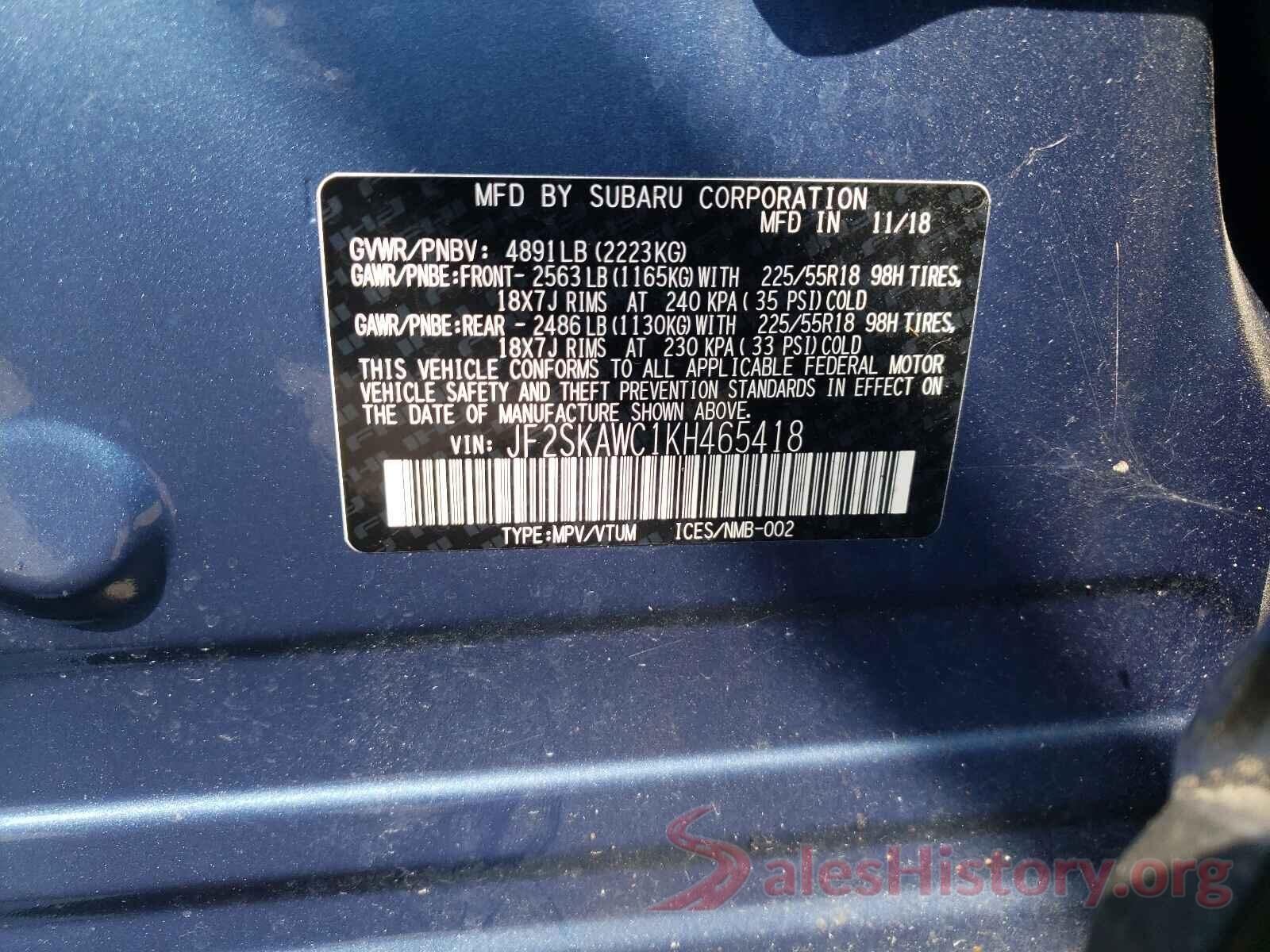 JF2SKAWC1KH465418 2019 SUBARU FORESTER