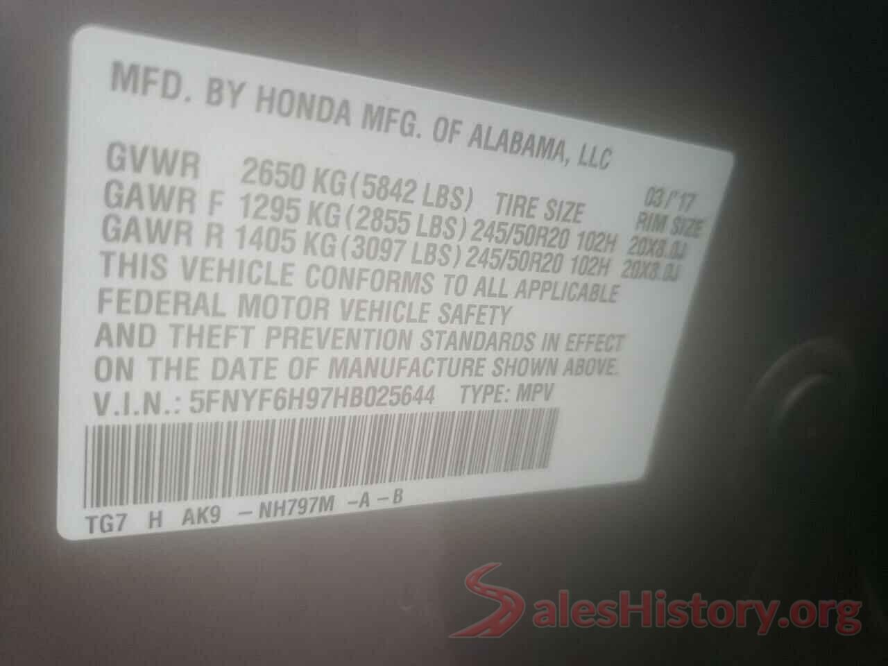 5FNYF6H97HB025644 2017 HONDA PILOT