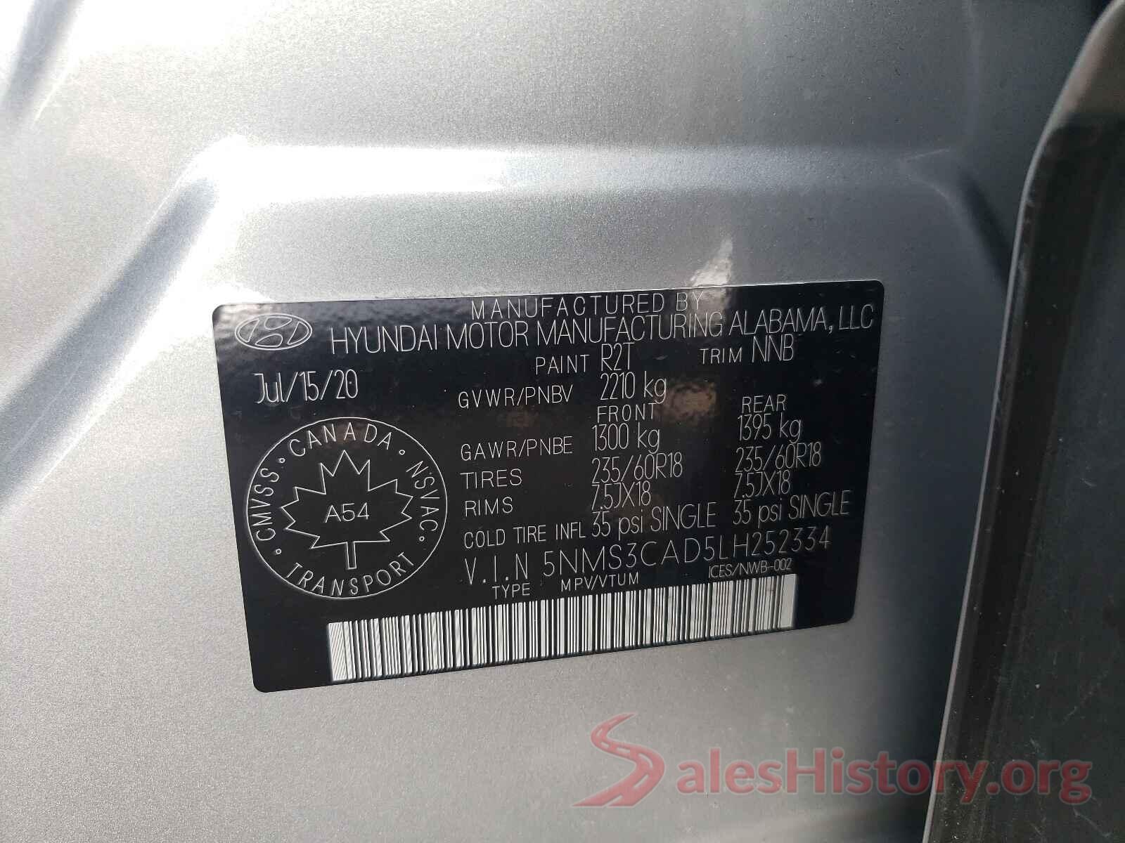 5NMS3CAD5LH252334 2020 HYUNDAI SANTA FE