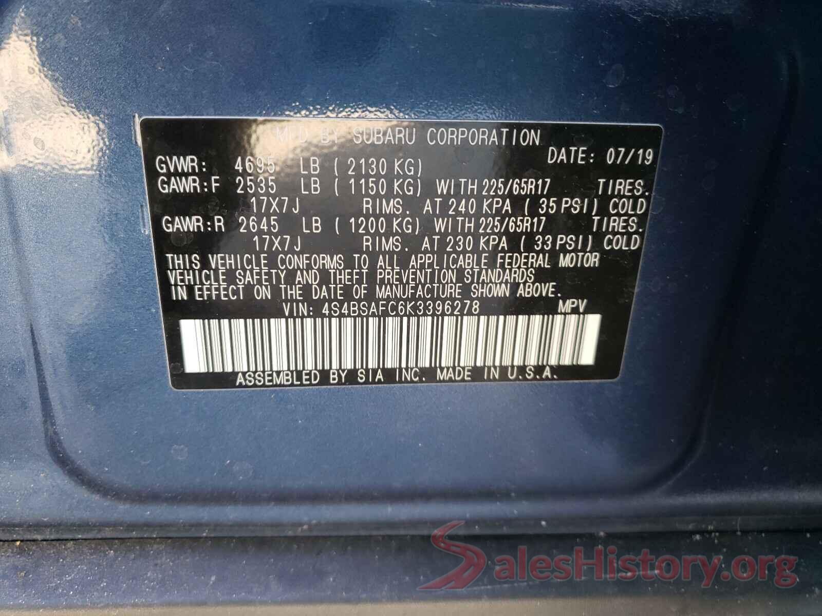 4S4BSAFC6K3396278 2019 SUBARU OUTBACK