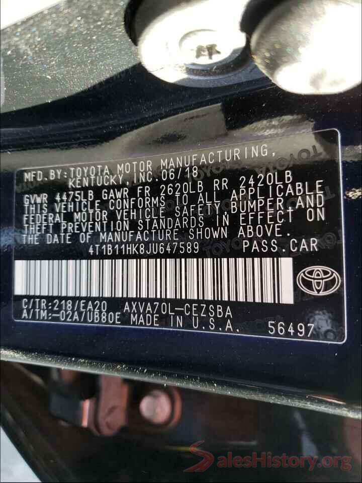 4T1B11HK8JU647589 2018 TOYOTA CAMRY