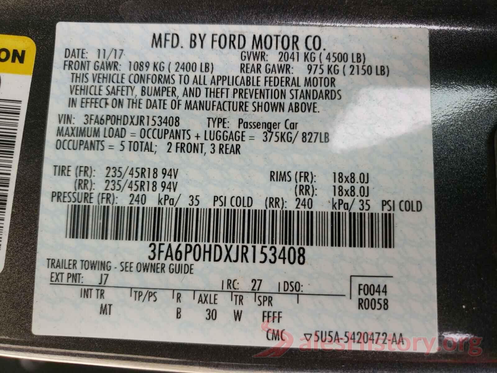 3FA6P0HDXJR153408 2018 FORD FUSION