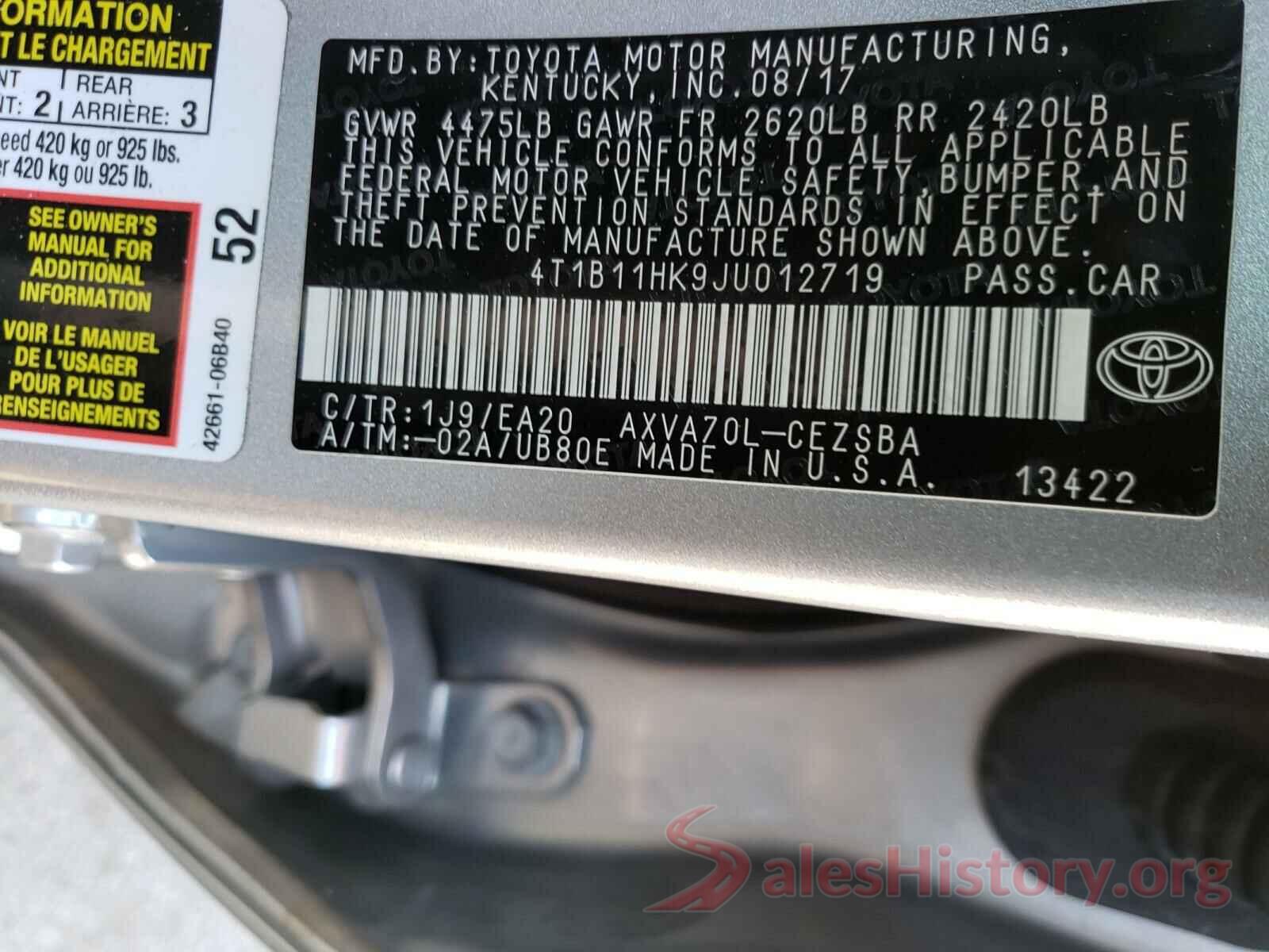 4T1B11HK9JU012719 2018 TOYOTA CAMRY