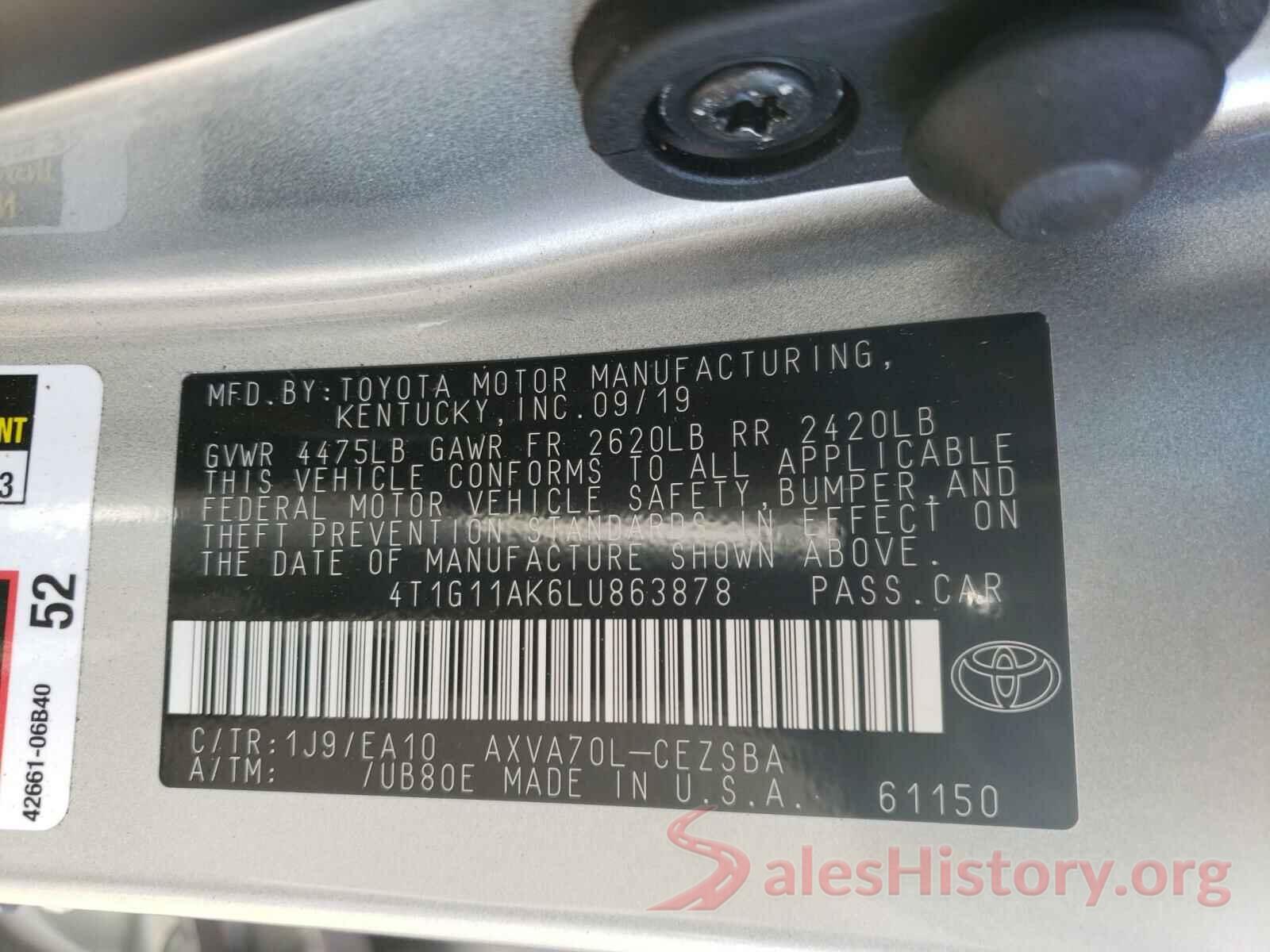 4T1G11AK6LU863878 2020 TOYOTA CAMRY