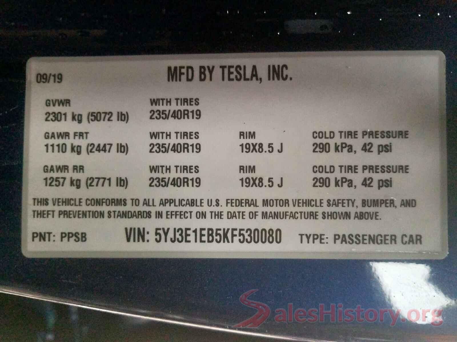 5YJ3E1EB5KF530080 2019 TESLA MODEL 3