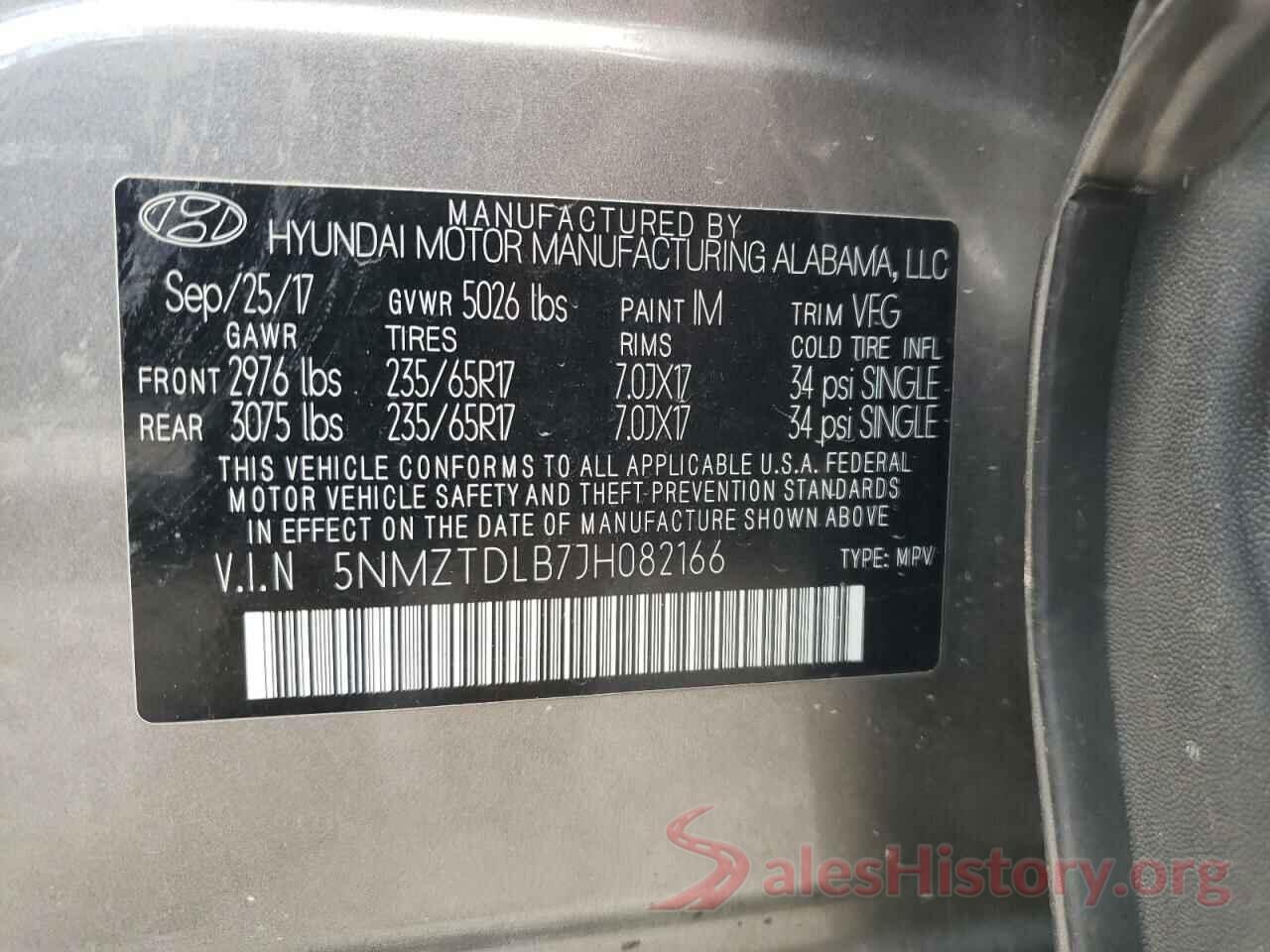 5NMZTDLB7JH082166 2018 HYUNDAI SANTA FE