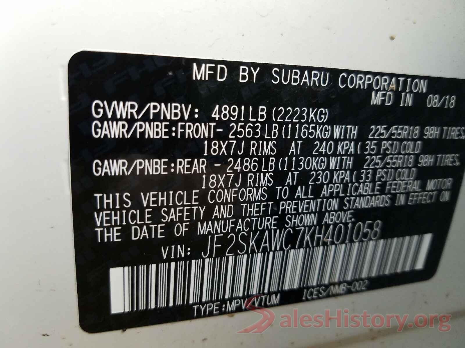 JF2SKAWC7KH401058 2019 SUBARU FORESTER