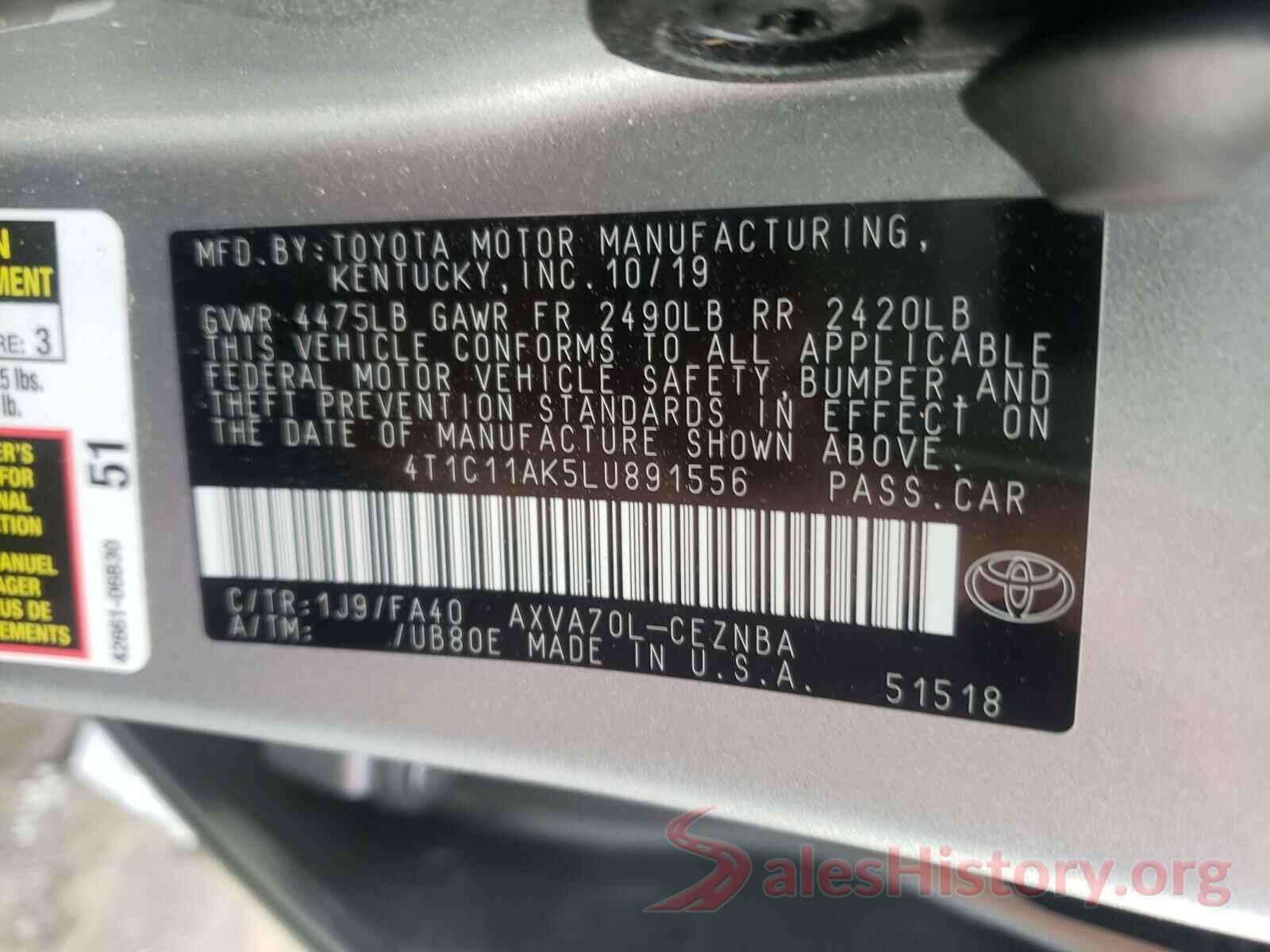 4T1C11AK5LU891556 2020 TOYOTA CAMRY