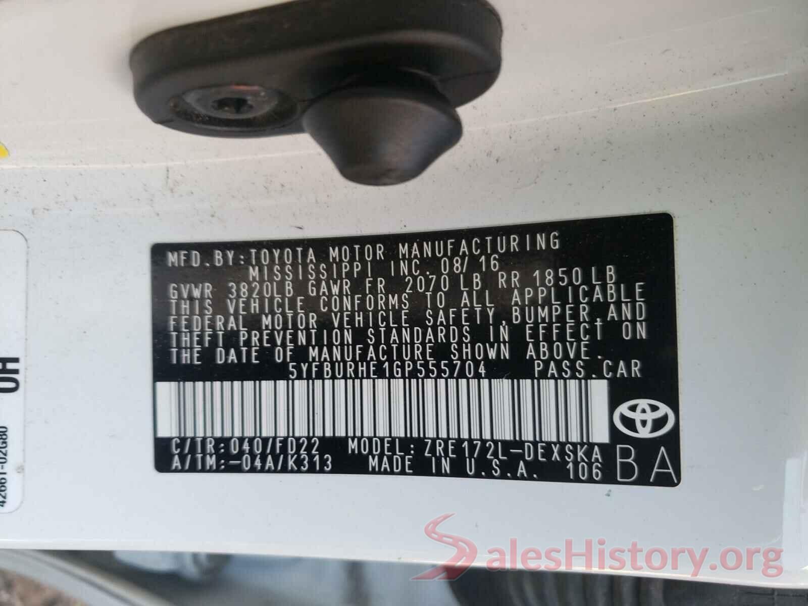 5YFBURHE1GP555704 2016 TOYOTA COROLLA