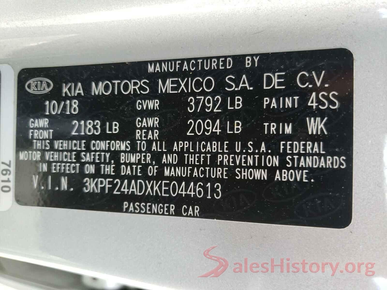 3KPF24ADXKE044613 2019 KIA FORTE