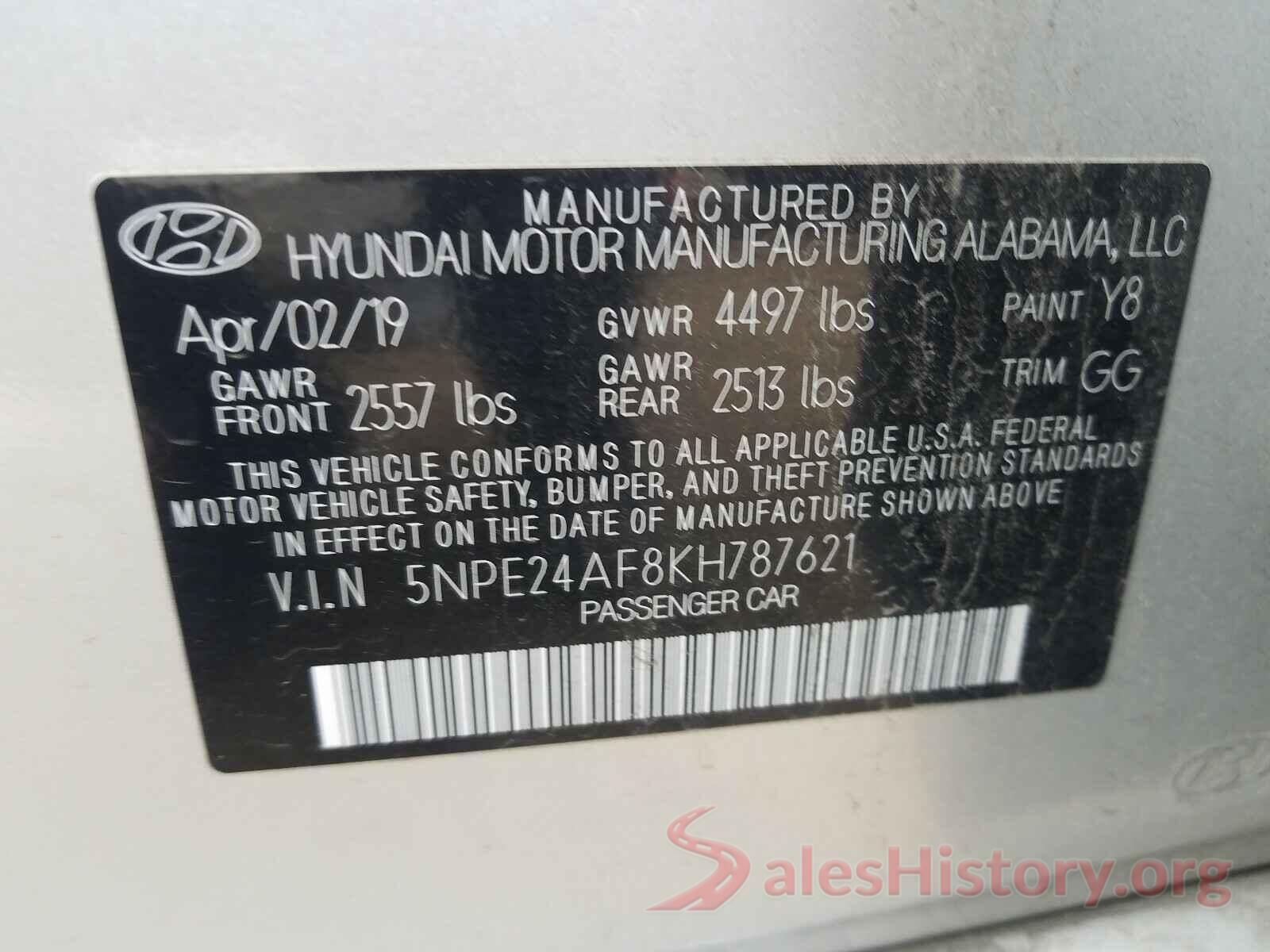 5NPE24AF8KH787621 2019 HYUNDAI SONATA