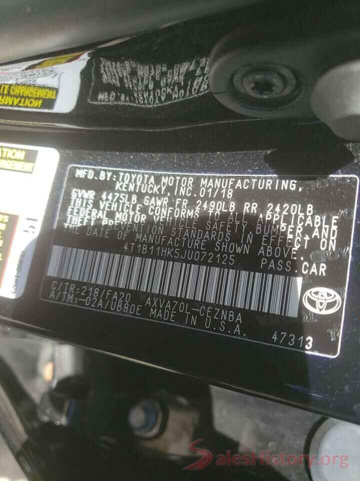 4T1B11HK5JU072125 2018 TOYOTA CAMRY