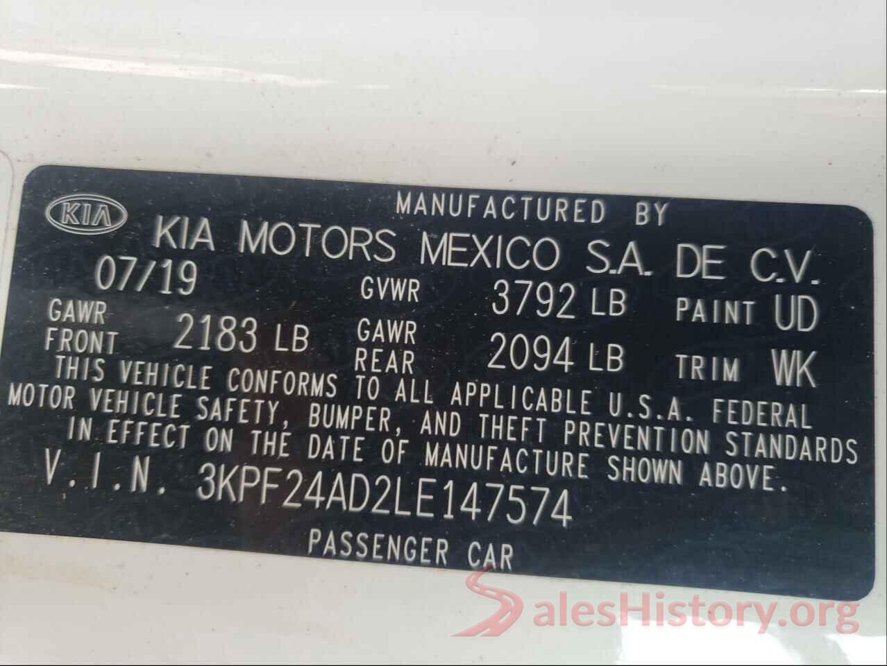 3KPF24AD2LE147574 2020 KIA FORTE