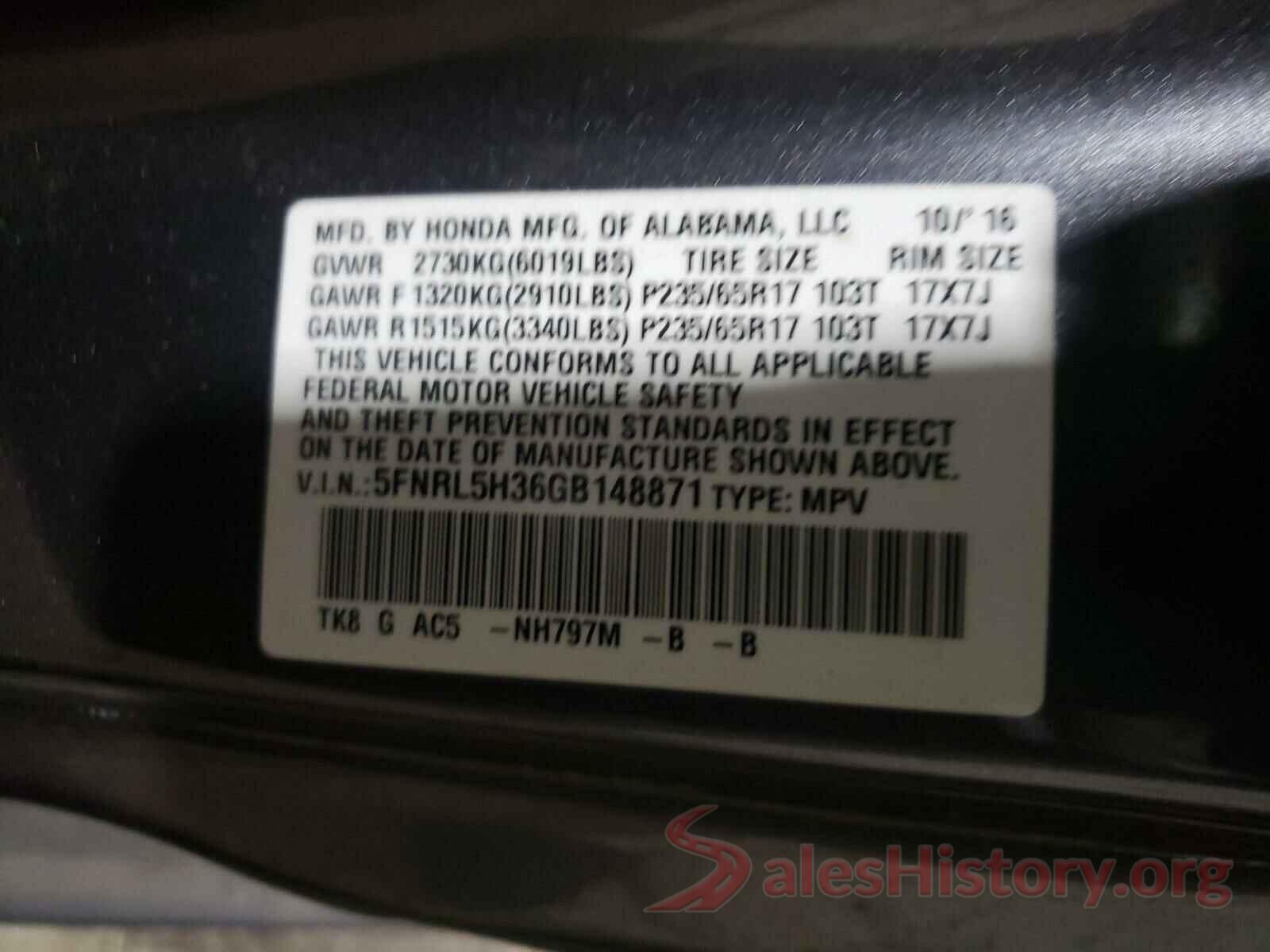 5FNRL5H36GB148871 2016 HONDA ODYSSEY