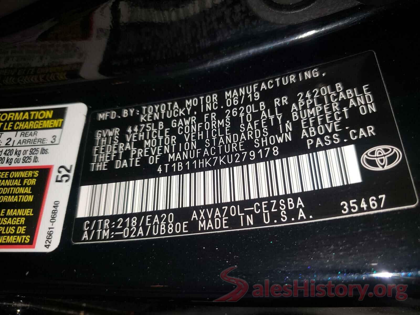 4T1B11HK7KU279178 2019 TOYOTA CAMRY