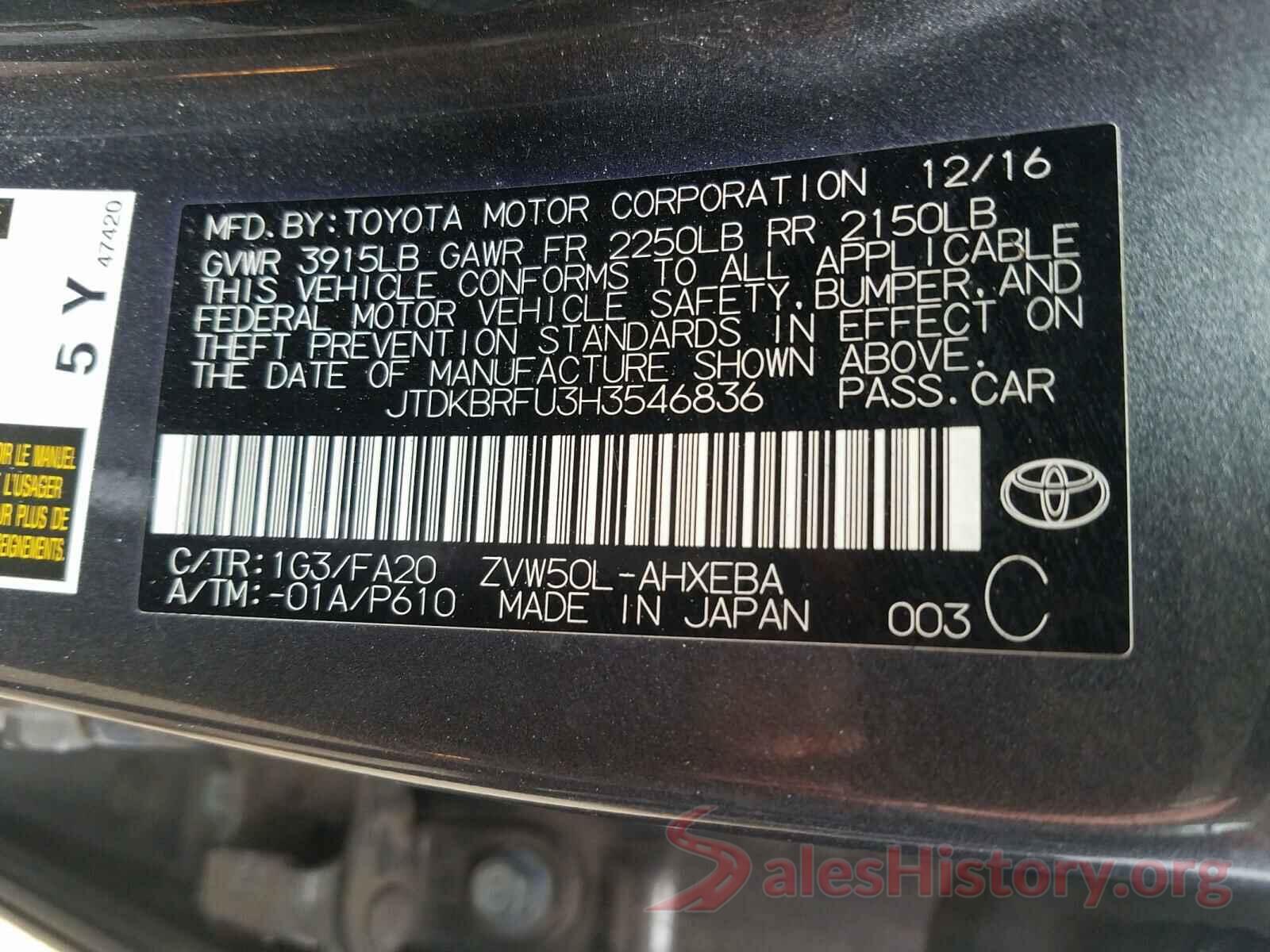 JTDKBRFU3H3546836 2017 TOYOTA PRIUS