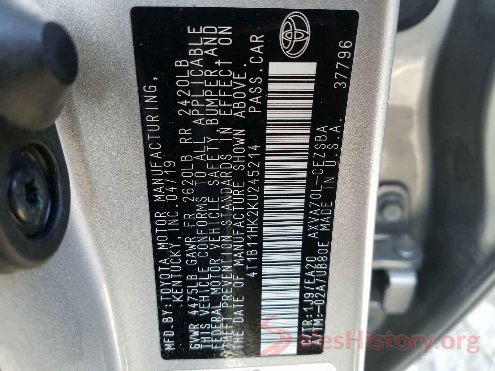 4T1B11HK2KU245214 2019 TOYOTA CAMRY