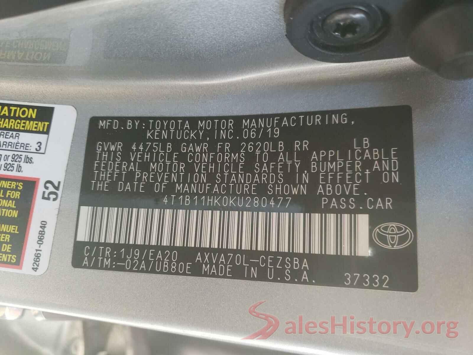 4T1B11HK0KU280477 2019 TOYOTA CAMRY